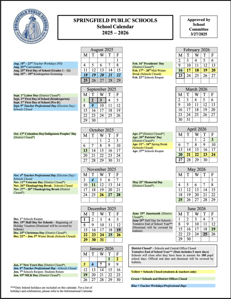 Springfield Public Schools Calendar 26 27