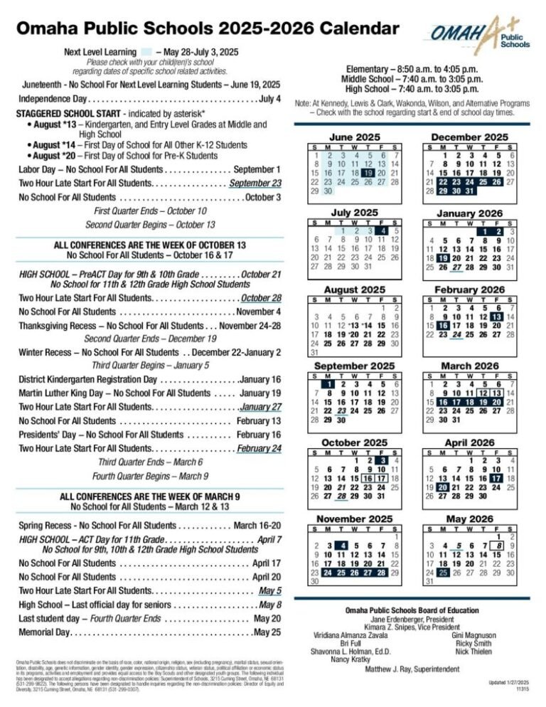Omaha Public Schools Calendar 26 27