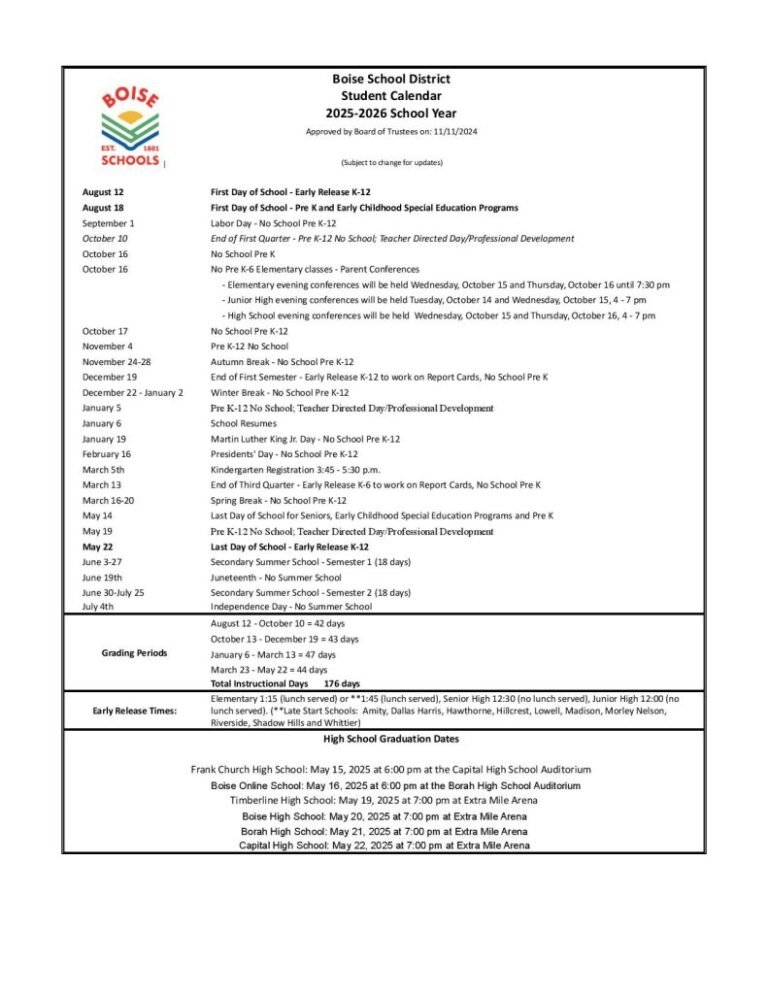Boise Schools 2026 2027 Calendar