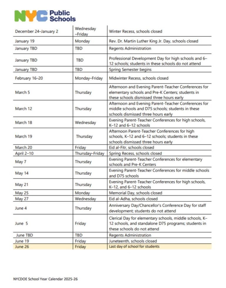 New York Public Schools Calendar 2026