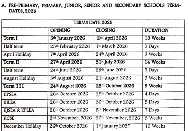 Schools Calendar 2026 Kenya