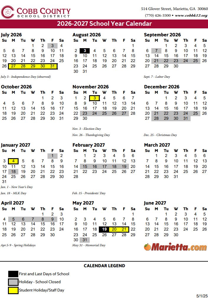 Cobb County Schools Calendar 2026 27