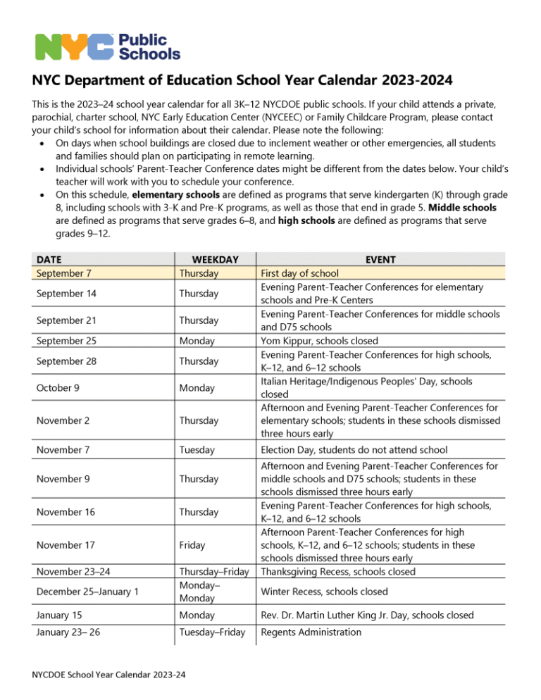 Nyc Doe School Calendar
