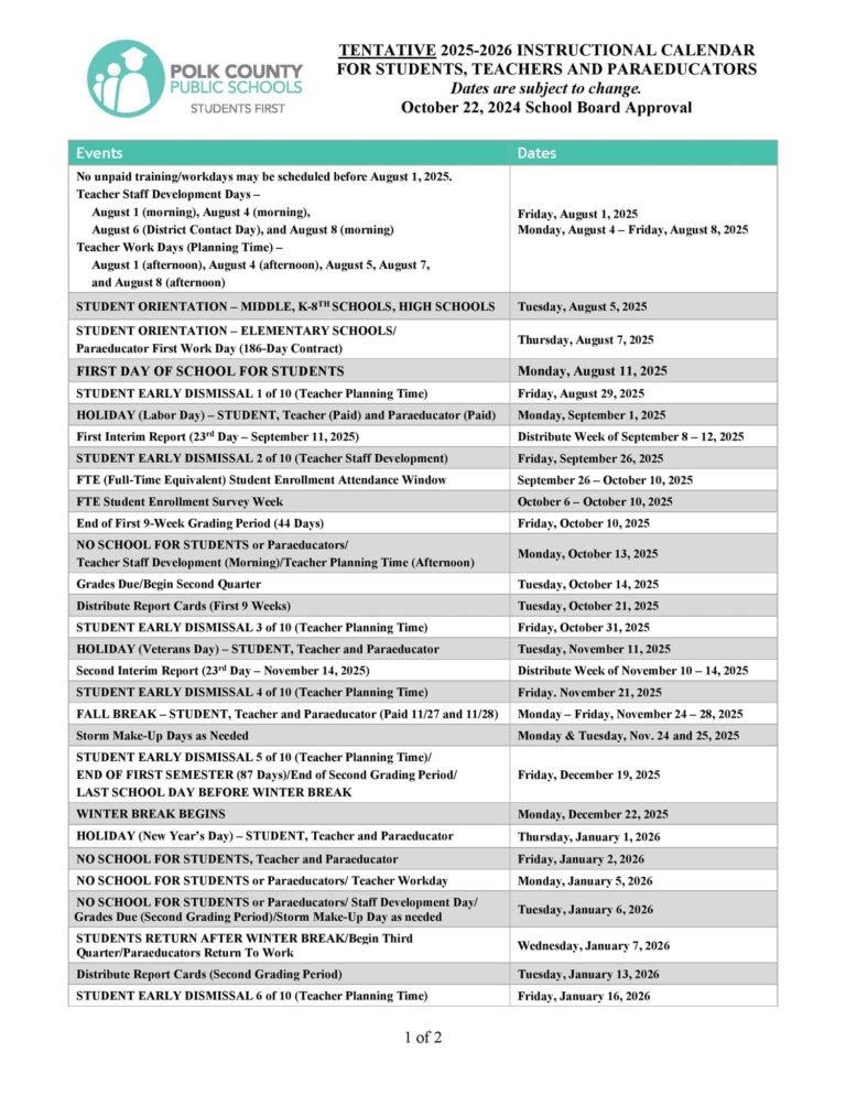 Polk County School Calendar 2026