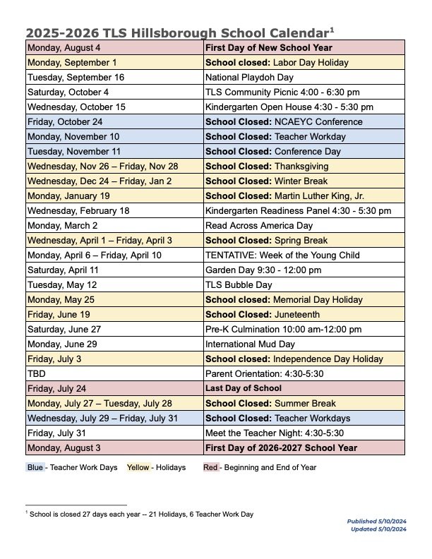 Official Hillsborough County School Year Calendar