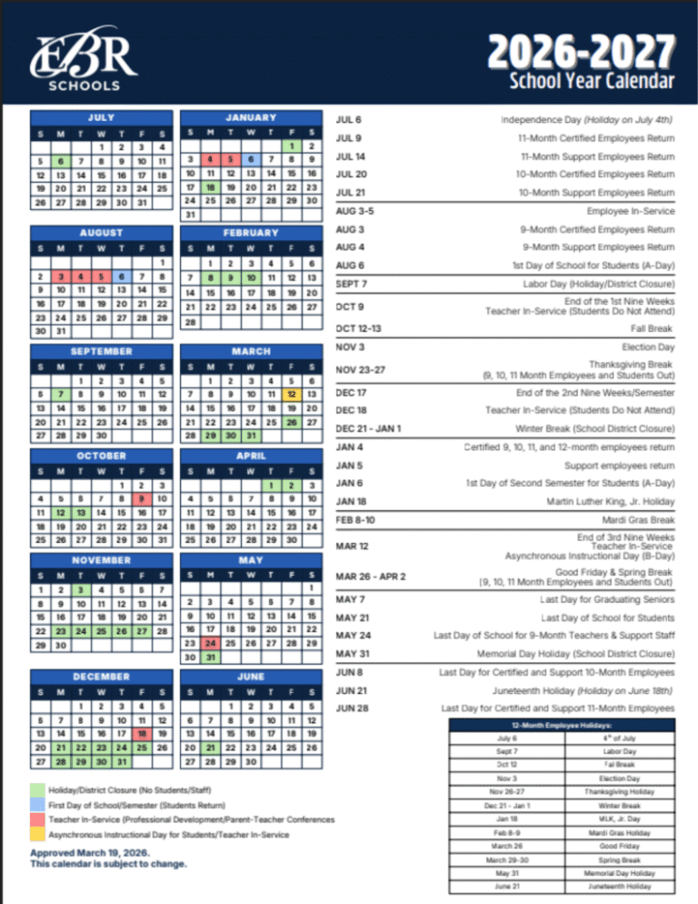 2026 EBR School Calendar Overview and Important Dates