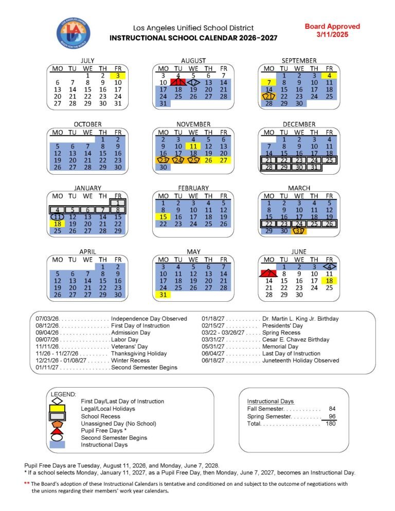 Lausd School Calendar 2026 27 Template