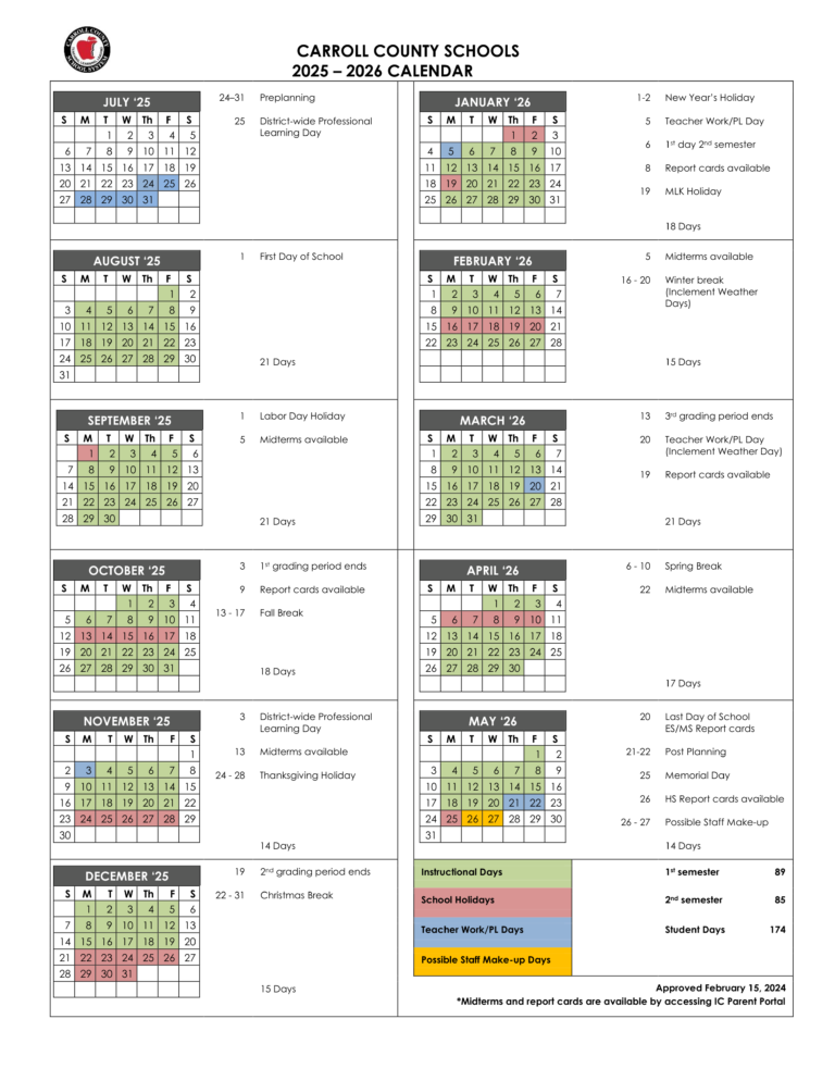Carroll County School Calendar