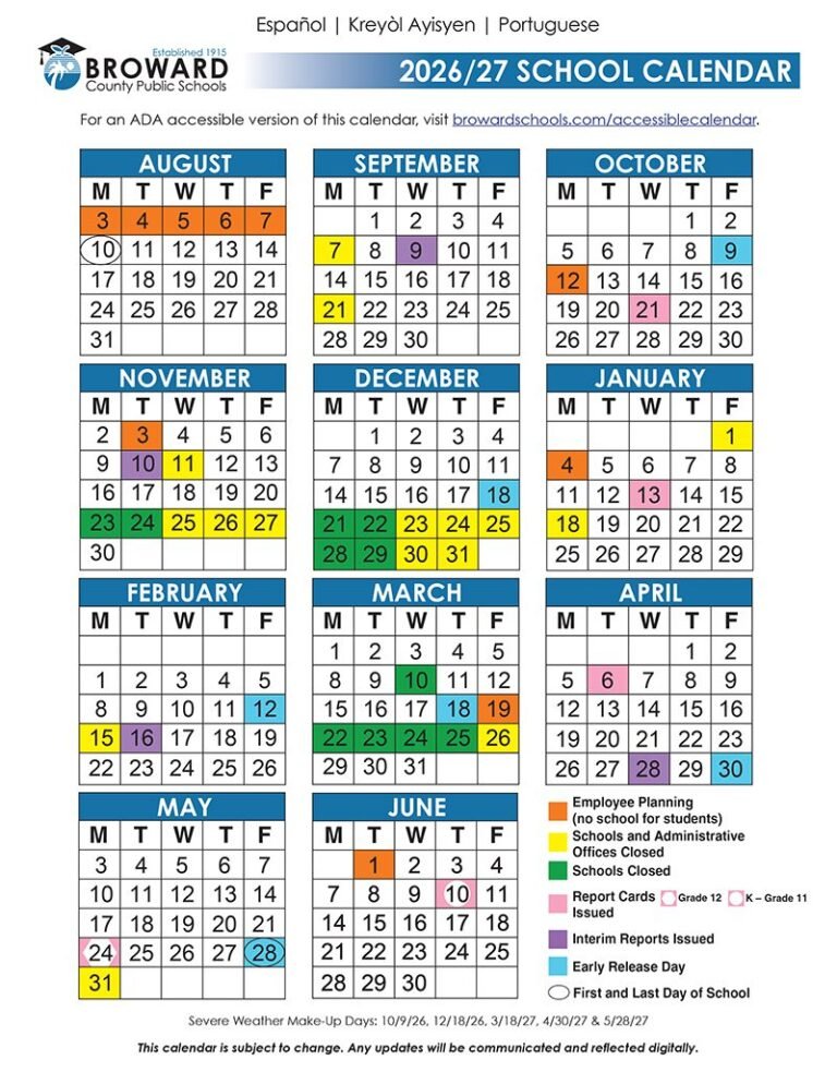 Official Broward School Calendar for 2026-2027
