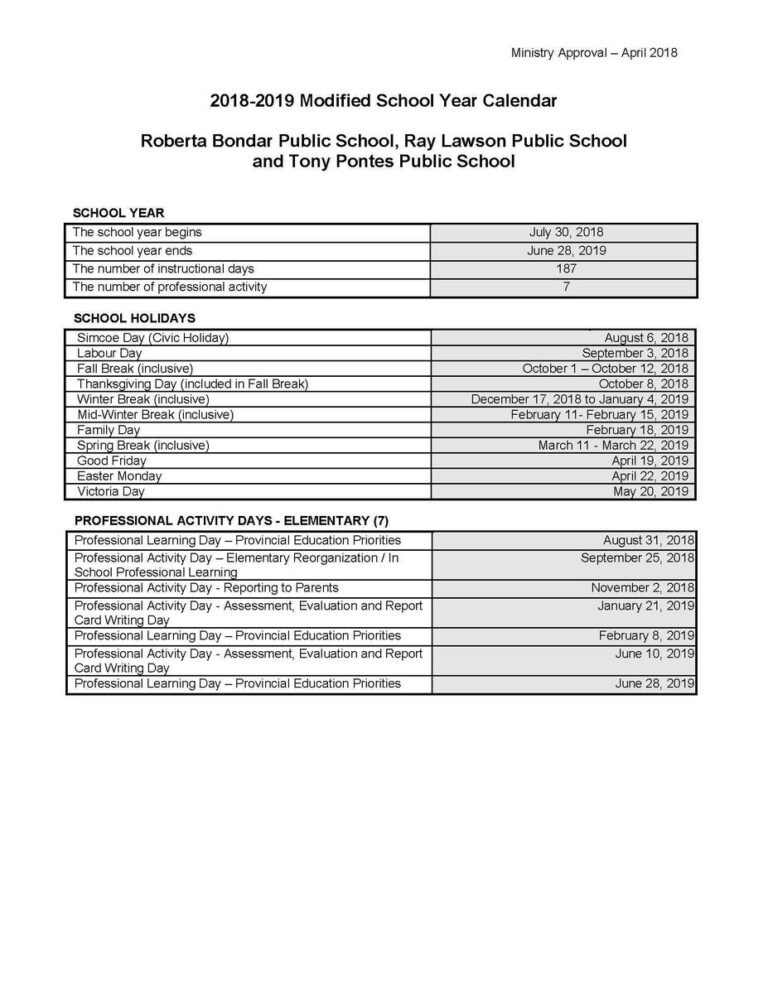 Peel Region School Calendar
