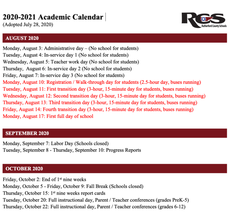 Complete Rutherford County School Calendar Overview