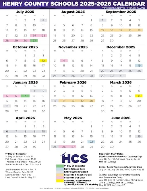 Official Henry County School Calendar and Schedule