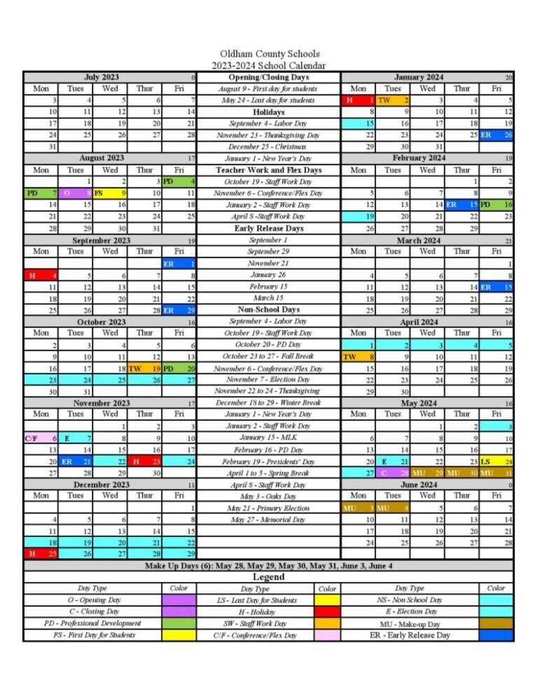 2024-2025 Oldham County School Calendar Overview