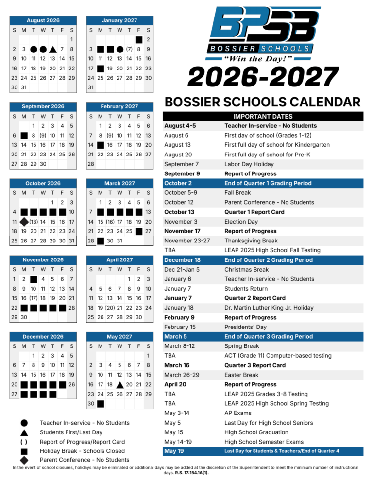Bossier Parish School Calendar