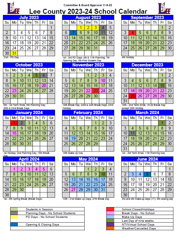 Official Lee County School Calendar for 2024-2025