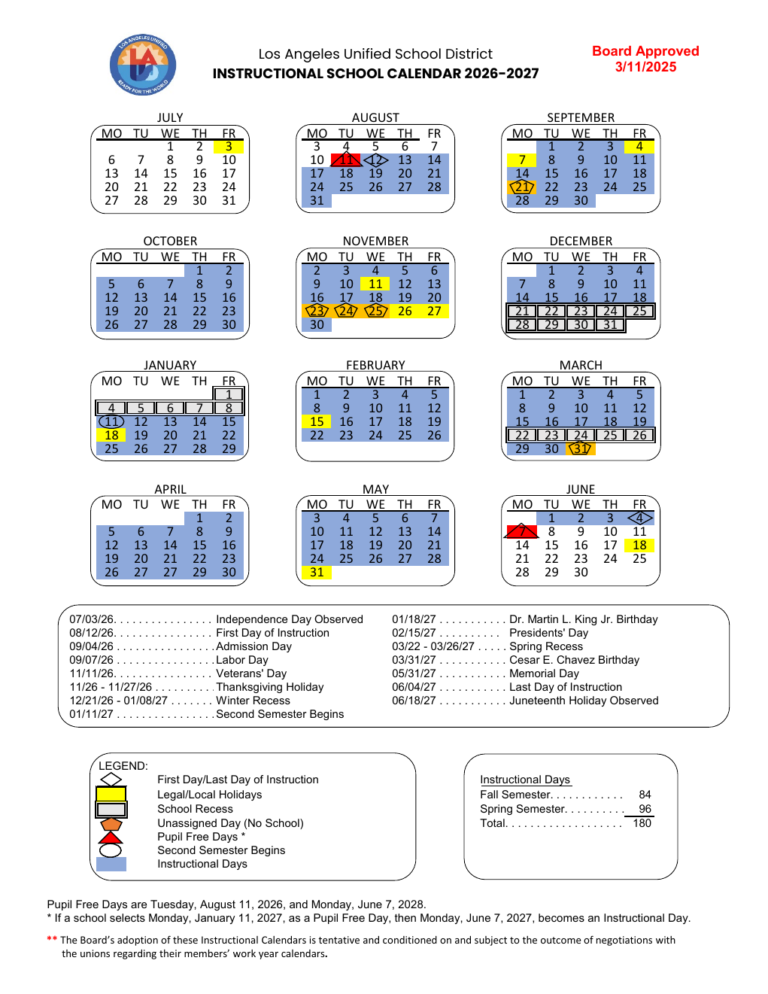 2026-27 LAUSD Academic Calendar Overview