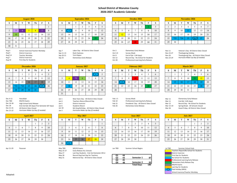 Manatee County School Calendar 26-27