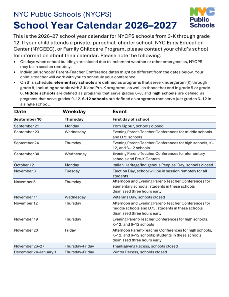 2026-2027 NYC DOE School Calendar Overview