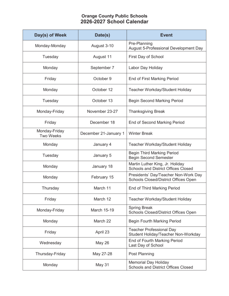 Official OCPS 2026-27 School Year Calendar