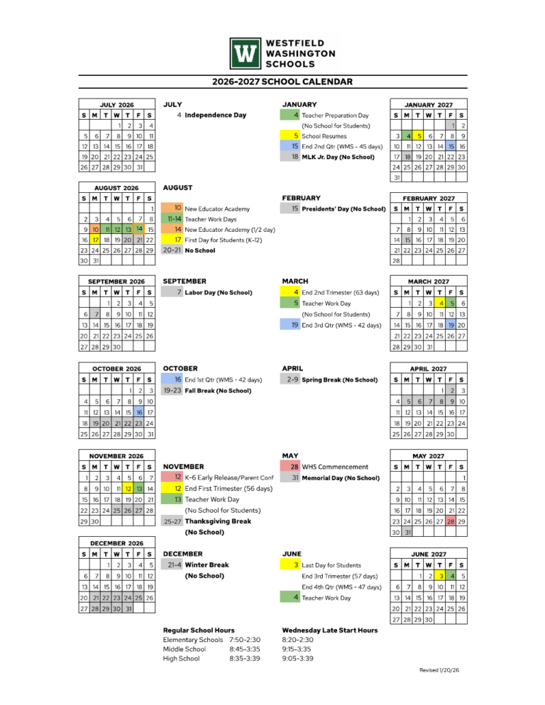 Official Westfield Washington School Calendar Overview